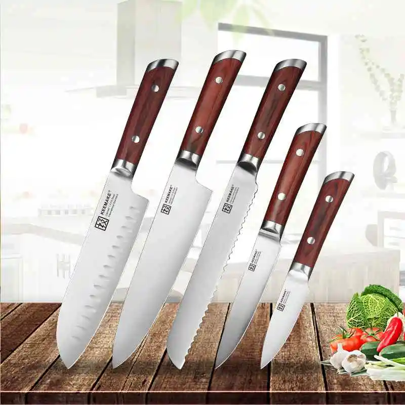 SUNNECKO Профессиональный Santoku универсальный нож для очистки овощей шеф-повара немецкий 1,4116 стальной нож с лезвием цветной деревянной ручкой набор кухонных ножей - Цвет: 5pcs Set A