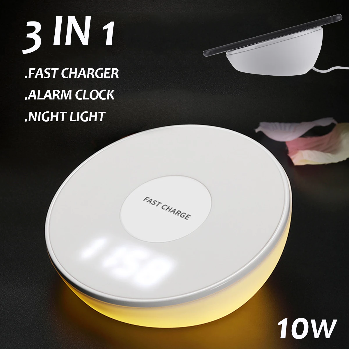 

3 in 1 Universal QI Wireless Fast Charger Dock Station Charging Pad For Samsung for Iphone + Alarm Clock Night Light Lamp