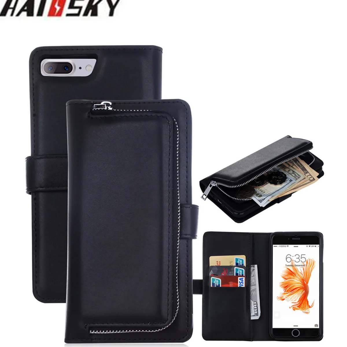 

Haissky Wallet Phone Case for iPhone 7 7 Plus 6 6s 6Plus Multifunction Zipper Magnetic Flip Leather Case Cover For iPhone 6 Plus