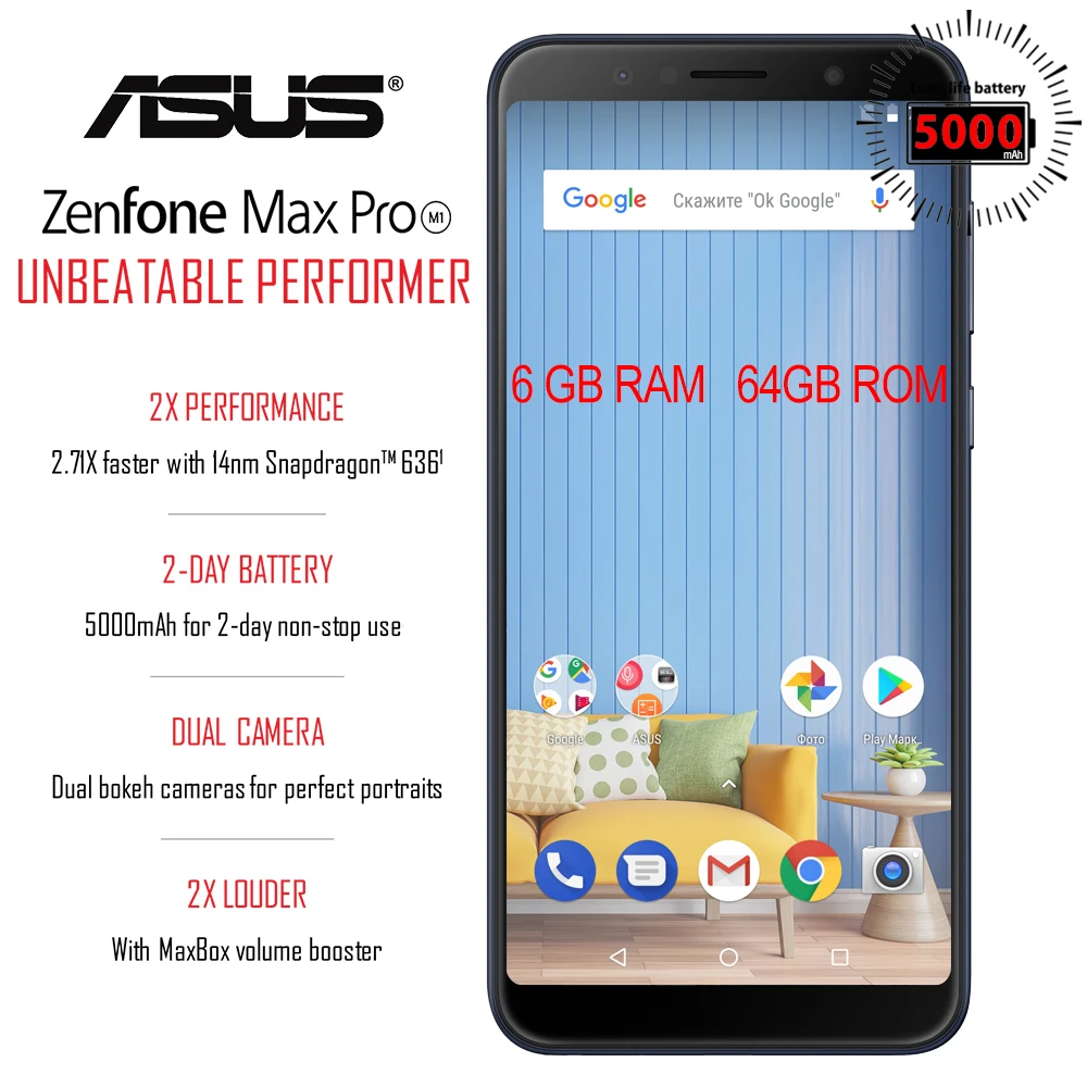 Глобальная версия ASUS ZenFone Max Pro(M1) ZB602KL, 6 ГБ, 64 ГБ, 6 дюймов, 4G, LTE, умный разблокированный сотовый телефон, распознавание лица, 5000 мАч, Android 8,1