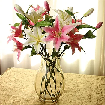 

5pcs Fake Lily Flower Artificial Lilies three heads Silk white/pink/rose red lily flower stems for Wedding Home Table Decoration