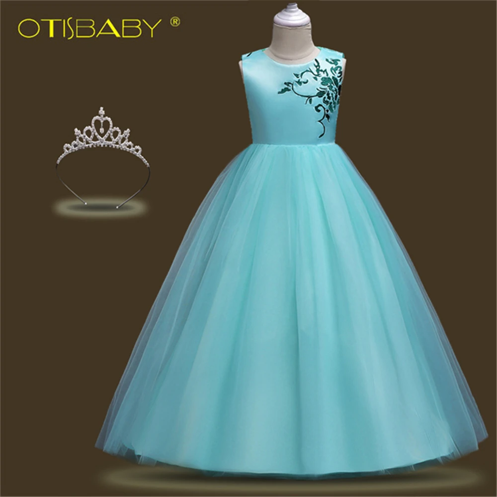 

Flower Girls Formal Dress for Wedding Party Kids Embroidered Pageant Frocks Children Bridesmaid Floor Length Ball Gowns Crown
