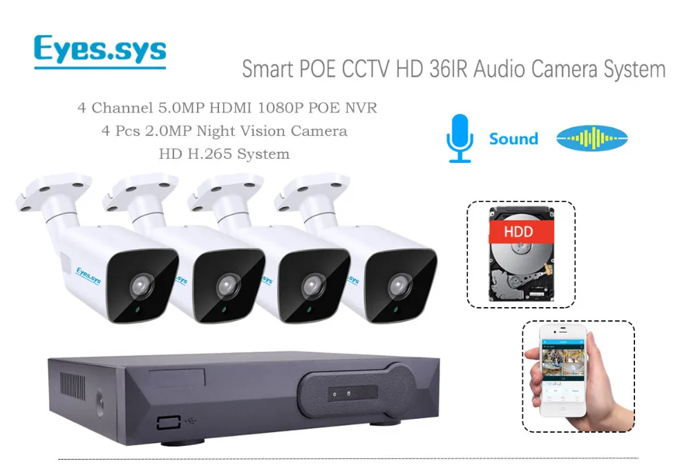 Eyes.sys 4-channel POE NVR HDMI 1080P 4x 2MP Audio H.265 Camera CCTV SYSTEM US