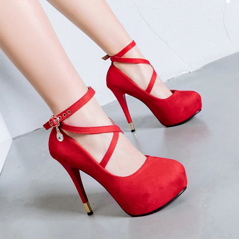DAOKFPO Brand Big Size Wedding shoes suede high heel single shoes waterproof platform buckle women's shoes Blue Red Black 35-43