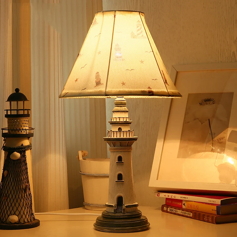 

Mediterranean Style Lighthouse Shape Lights Resin Table Lamp Living Room Bedroom Bedside Fabric shade E27 Base Home Lighting