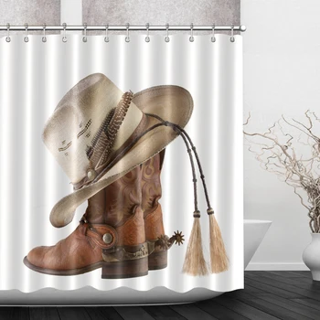 

LB Paniolo Cowboy Boot And Hat Vintage White Shower Curtain Bathroom Curtains Waterproof Polyester Fabric For Bathtub Decor