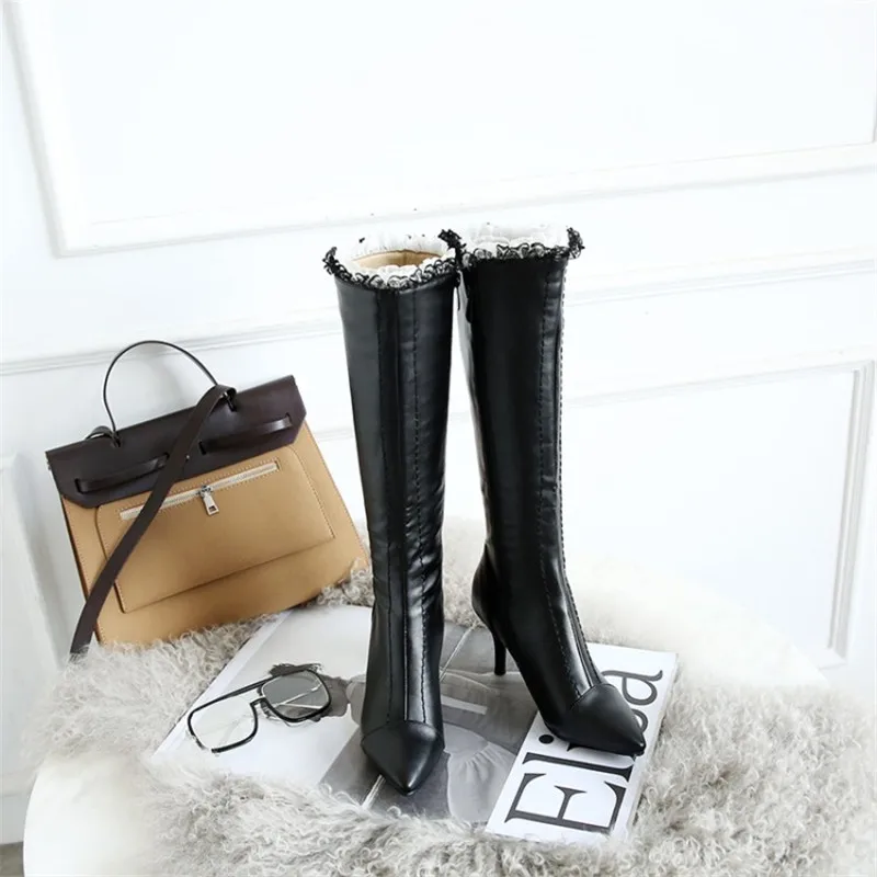 Maziao Spitz Oberschenkel Spitze Sexy Stiefel Seite grün Schwarzes Hohe Frauen Zipper Knie Lange Stilettos weiß YpRqPfq1