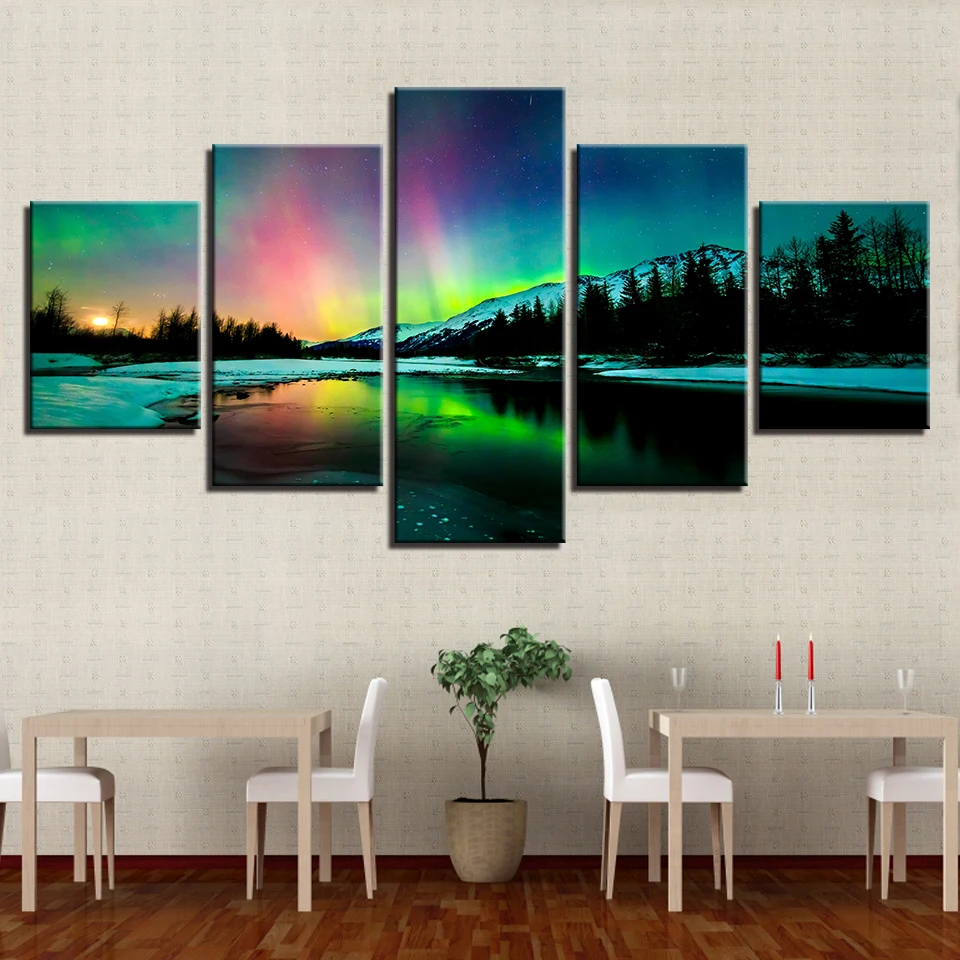 

Poster Wall Picture Framework 5 Panel Aurora Landscape Canvas Art Print Modular Painting For Home Decoration Kids Room