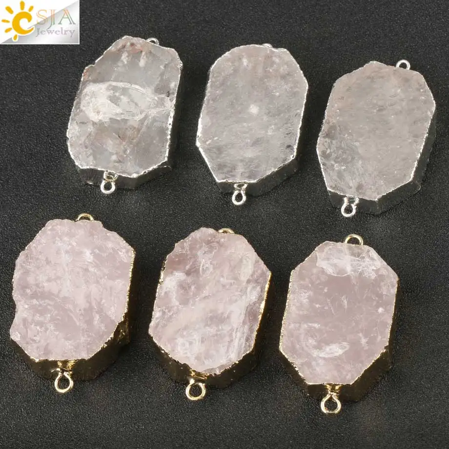 

CSJA Natural Purple White Crystal Pink Quartz Charms Double Holes Connector Irregular Big Stone for Jewelry Making Bracelet G148