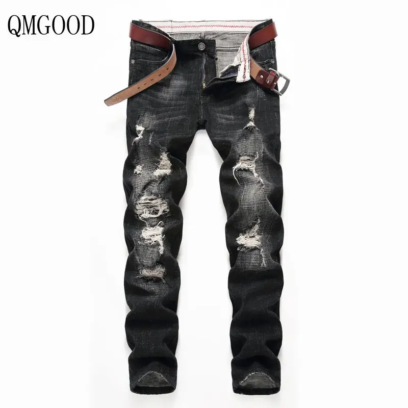 Qmgood Для мужчин Рваные джинсы 2018 Дизайн Slim Fit Мода Байкер Джинсы для женщин Весна и