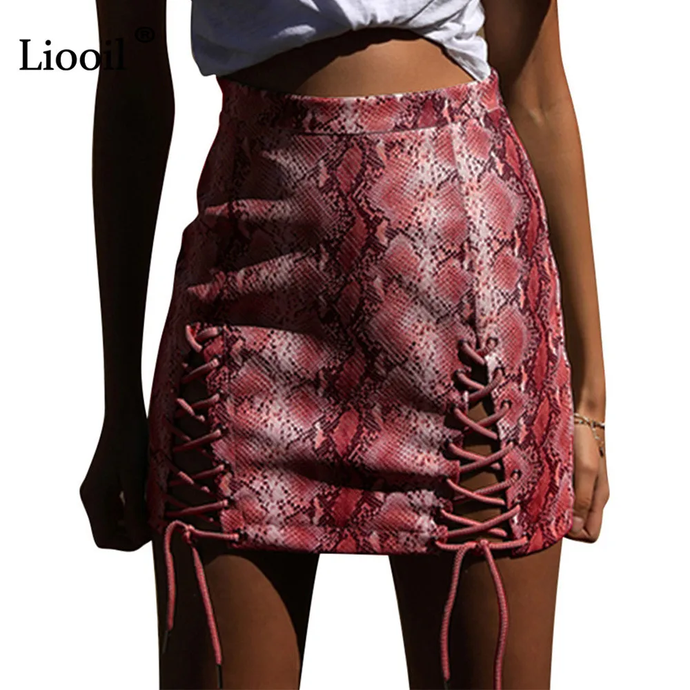 

Liooil Sexy Lace-Up Snake Print PU Leather Skirt Women 2019 Summer Women Clothes High Waist White Red Bodycon Mini Skirts Womens