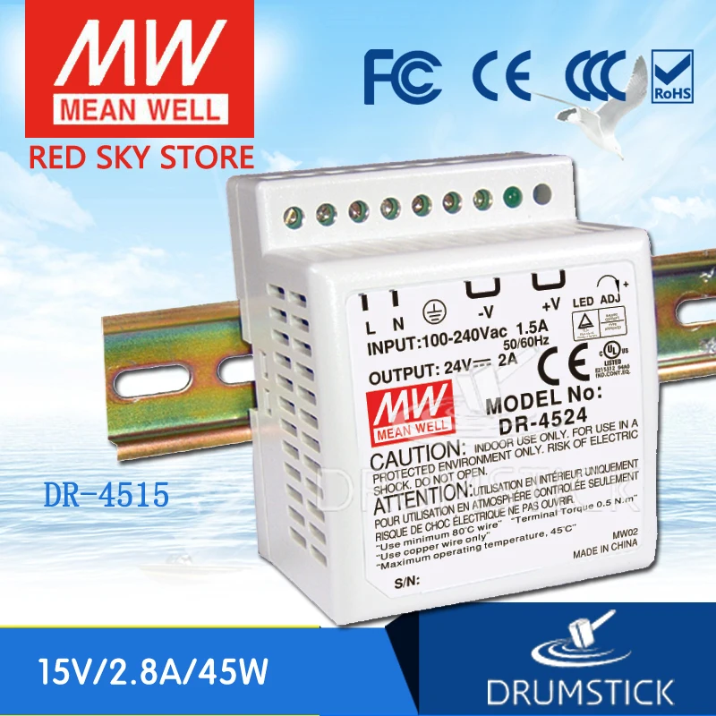 

Redsky [free-delivery 2Pcs] MEAN WELL DR-4515 15V 2.8A meanwell DR-45 42W Single Output Industrial DIN Rail Power Supply