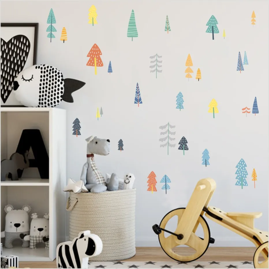 

Nordic Style Forest Tree Color Wall Decals Woodland Tree Vinyl Art Wall Stickers For Kids Room Decoration Modern Wall Decor