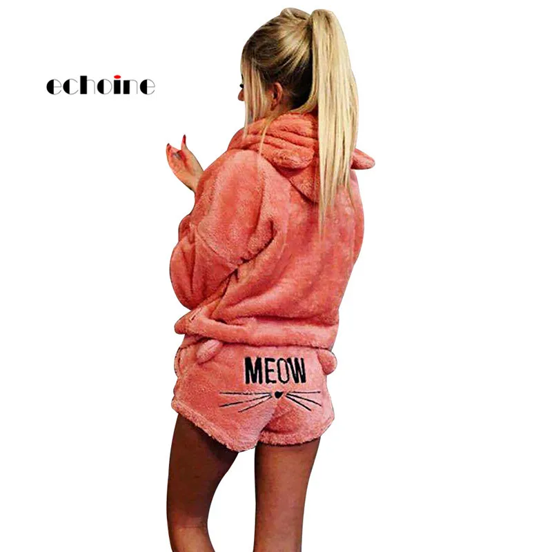

Echoine Women Suits Casual Cat Embroidered Pyjamas Hooded Long Sleeved Solid Multicolor Sports Shorts Cashmere Two Piece Sets