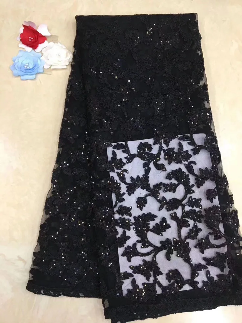 

Free shipping 5yards/pc) plain black French net lace fabric delicate embroidered African tulle lace fabric with sequins FZZ094