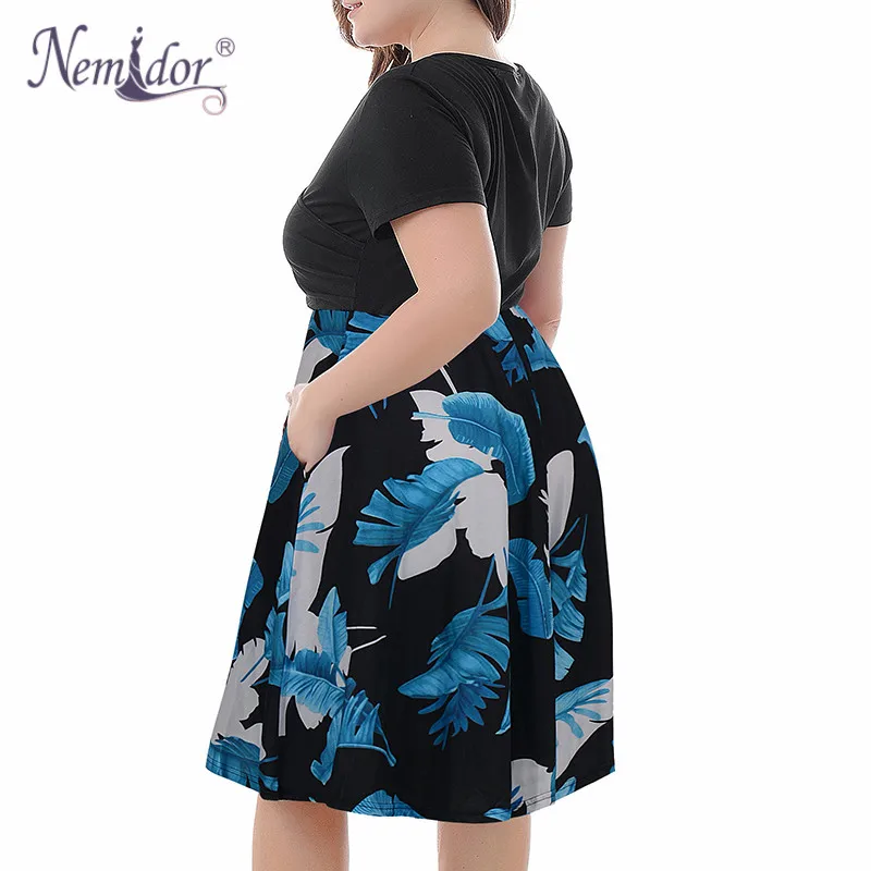 Nemidor Women's V-Neck Print Pattern Casual Work Stretchy Plus Size Swing Dress with Pocket (12)