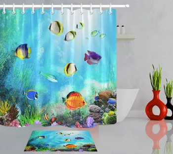 

LB Underwater World Seaweed Coral Fish Sea Shower Curtain Bathroom Curtain Waterproof Polyester Fabric for Bathtub Home Decor