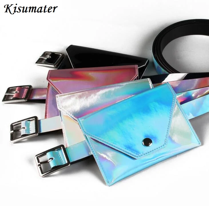 

Kisumater women's hologram bag laser silver fanny packs multifunction belt bag fashion leather phone waist bags Free Shipping