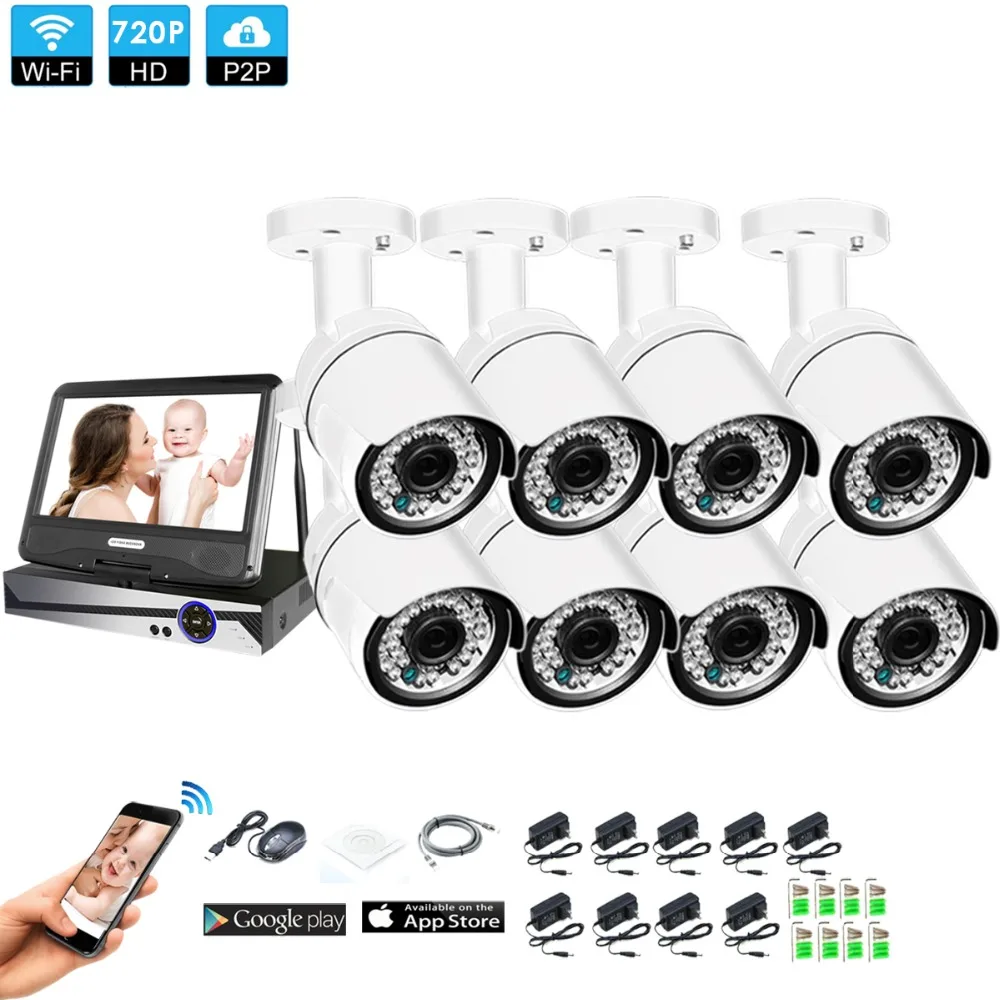

Wireless Surveillance System Network 10.1" LCD Monitor NVR Recorder Wifi Kit 8CH 720P HD Video Inputs 1.0MP Security Camera