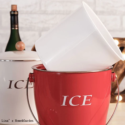 Red Powder Coated Zinc Wine Drinks Cooler Ice Bucket with Scoop and Lid