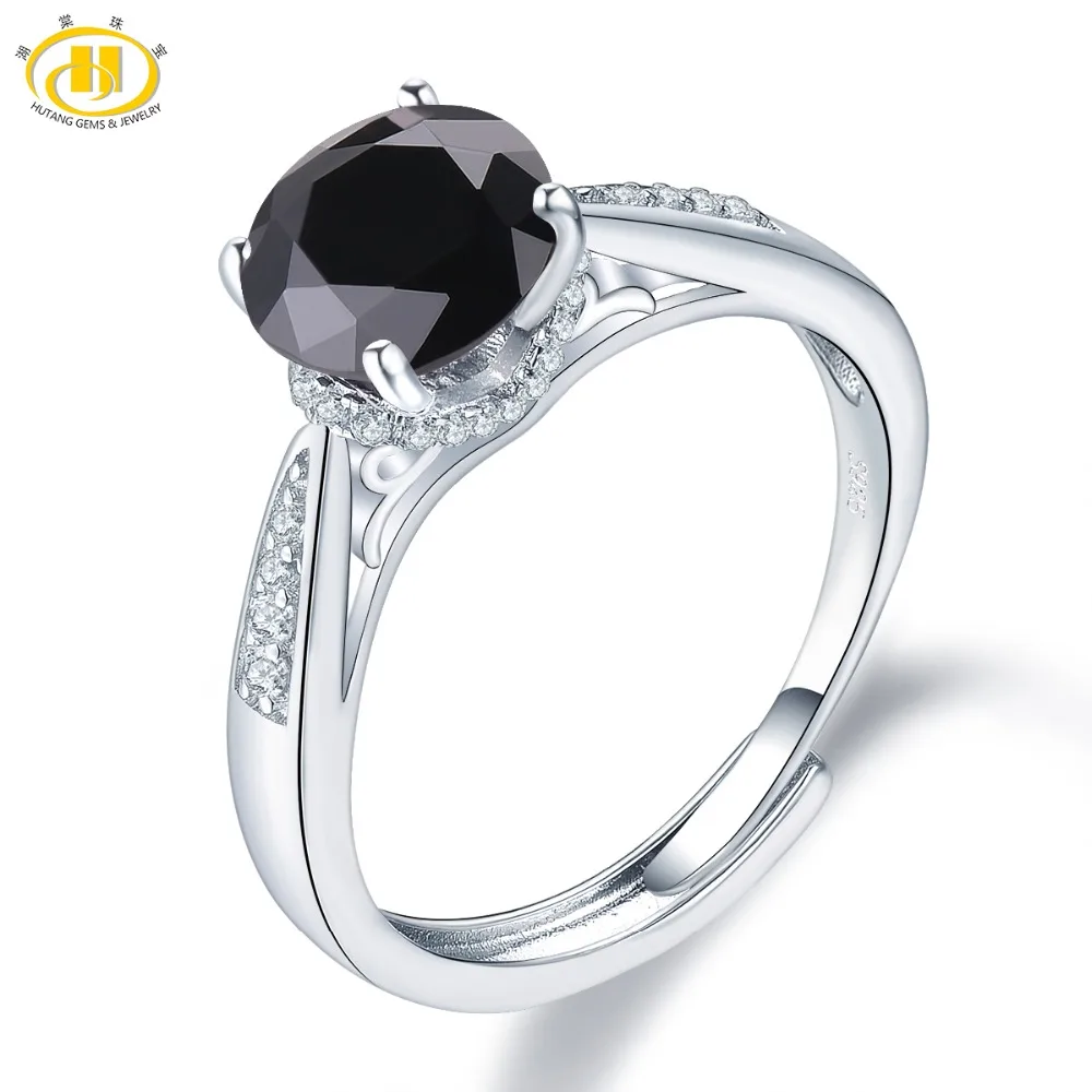 

Hutang 2.18ct Black Spinel Rings 925 Sterling Silver Natural Gemstone Adjustable Ring Fine Zirconia Jewelry for Women New