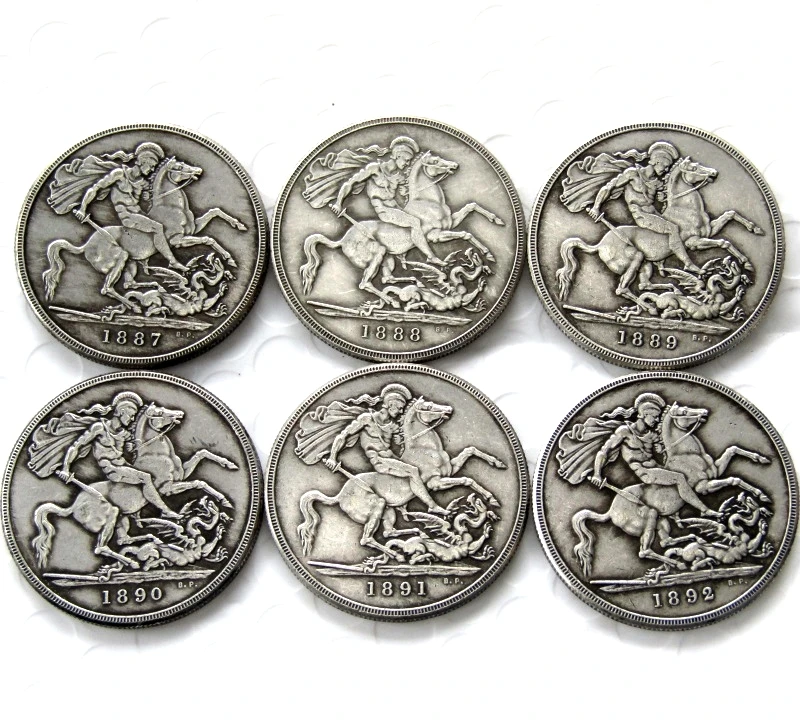 

England UK A Set Of (1887-1892) 6pcs silver One Crown Queen Victoria Silver Plated Copy Coin