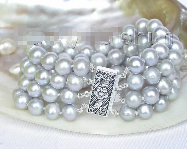 

Genuine 8" 10mm 4row round Gray freshwater pearl bracelet 925 silver clasp j7910@^Noble style Natural Fine jewe SHIPPING new >>f