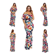 Tropical Print Dress off shoulder Women Long Party Dresses 2017 Elegant Bohemia Dress Maxi Mermaid Gown Vestido de festa LC61189