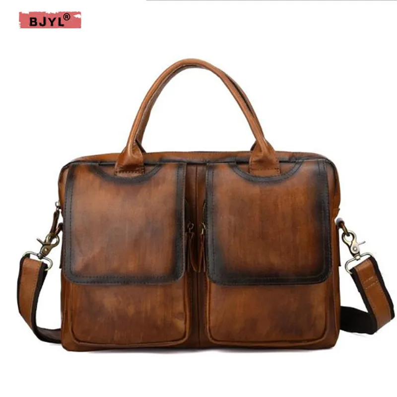 

BJYL 2018 new retro first layer leather briefcase men's handbag cross section men business bag shoulder Messenger bags
