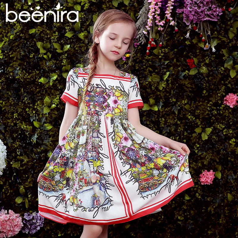 

Beenira Girls Summer Dresses 2019 New European And American Style Kids Short-Sleeve Flower Pattern Party Dress Children Dress
