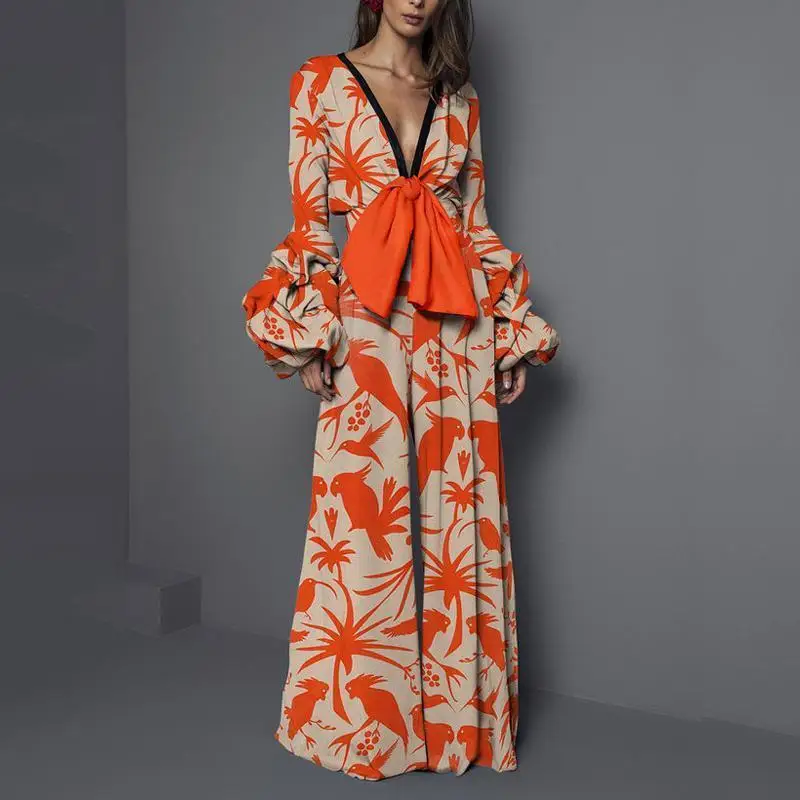 Fashion Women Lantern Sleeve Print Jumpsuits Sexy V-Neck Wide Leg Jumpsuits Bohemian Ladies Long Sleeve Romper