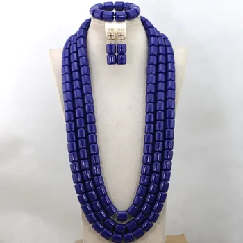 

Wonderful 3 Layers African Wedding Beads Necklace Set Blue Nigerian Coral Women Engagement Party Jewelry Set Free Shipping QW711