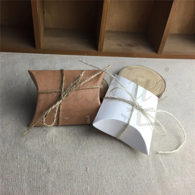 

50pcs White brown cute small pillow shape candy box vintage rustic wedding favor party guest gift bag kraft paper packaging