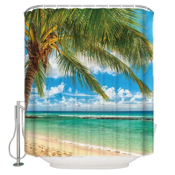

Surf Coconut Palm Extra Long Fabric Bath Shower Curtains Summer Sandy Beach Mildew-resistant Bathroom Decor Sets with Hooks