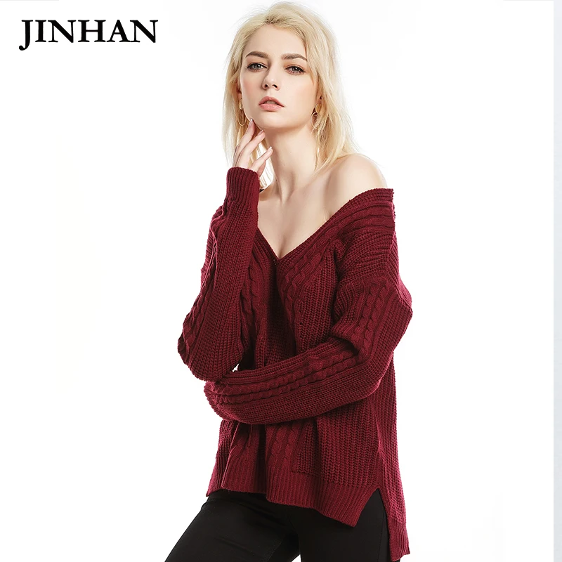 JINHAN Sexy Deep V Neck Women Kintted Sweaters solid Pink Green Long Sleeve Jumpers Pullovers 