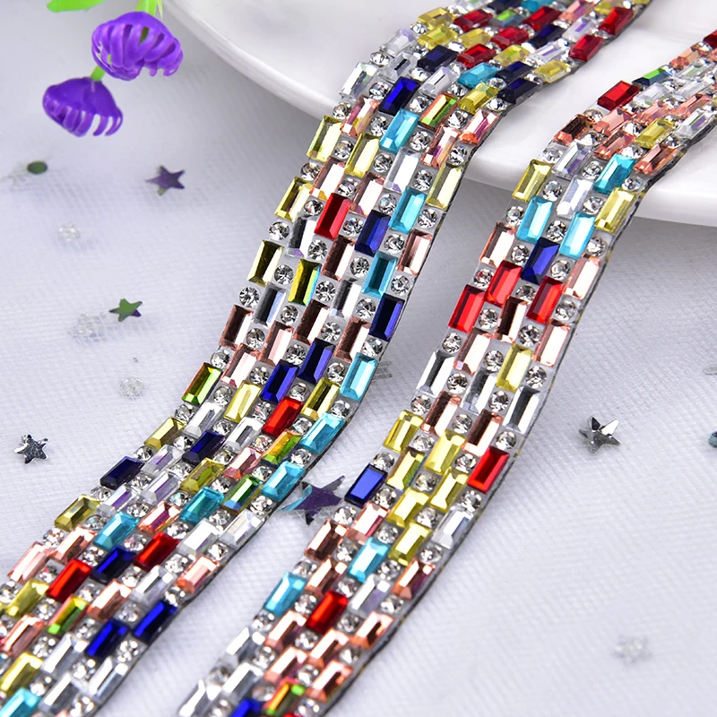 

Mix Color Hotfix Rhinestone Trimming Rectangle Glass Clear Crystal Stone Banding Transfer Iron On Garment Shoes Bags Decoration