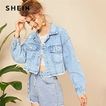 SHEIN Синие рваные потертые кромки хлопья укороченные джинсы куртка женская весна осень однобортный Повседневный износоустойчивые кардиганы куртки