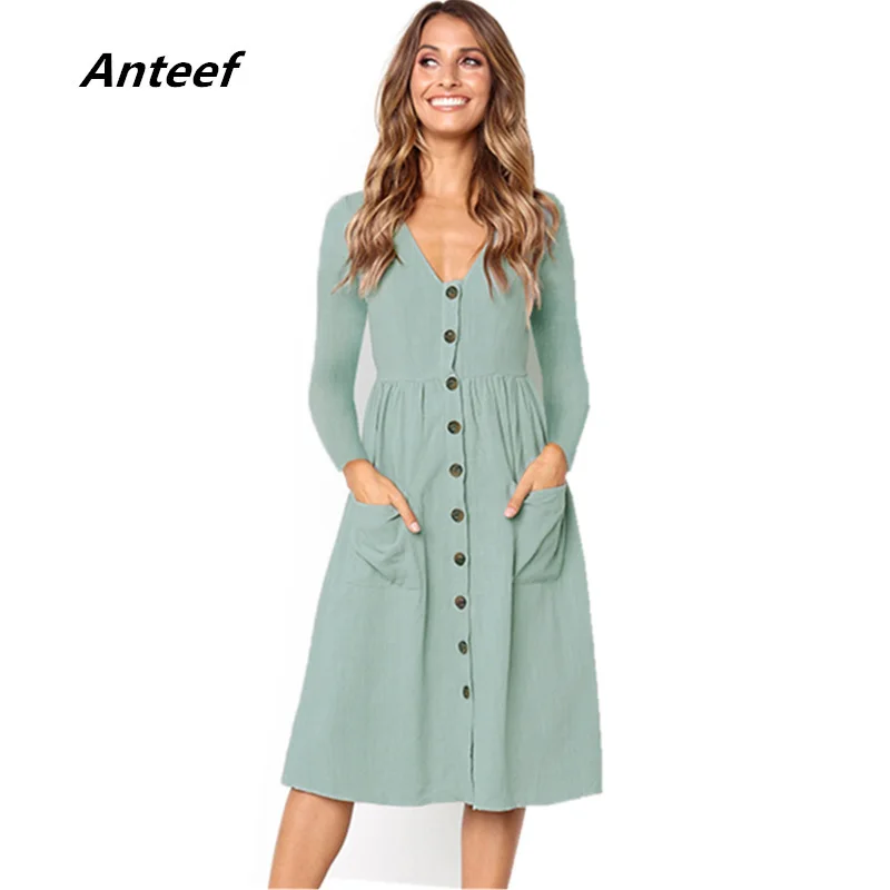

long sleeve cotton sexy v-neck plus size women casual loose midi spring autumn dress party vestidos clothes 2019 dresses