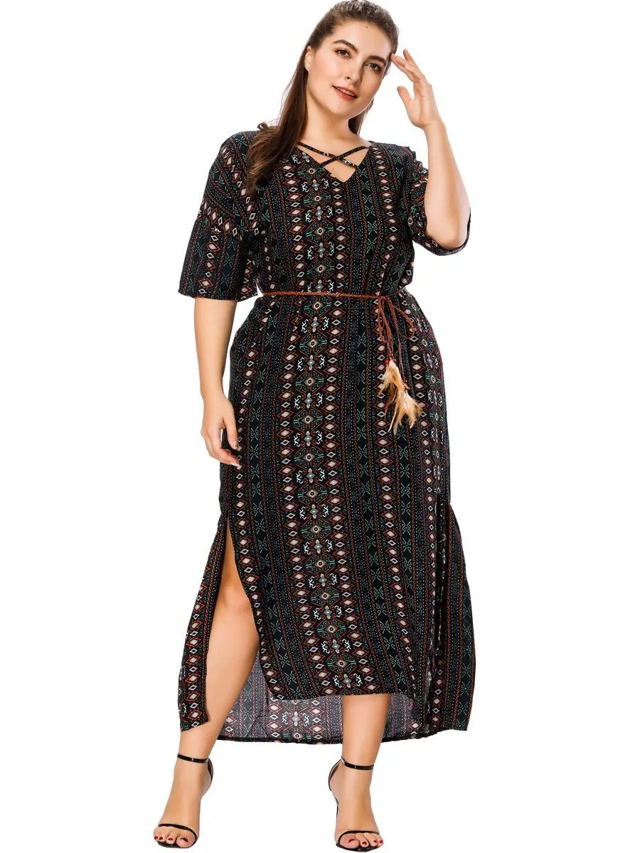 

Vintage Women Dress Summer 5XL Plus Size Maxi Dress Elegant Loose Sexy Slip V Vestidos Print Big Size Black Dress 2019 Clothes