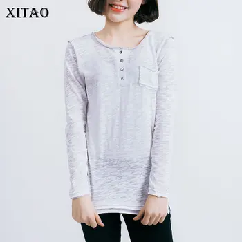 

[XITAO] 2018 Korea Women Spring New Arrival O-Neck Pullover Full Sleeve Tees Female Solid Color Patchwork Pocket T-Shirts TH-047