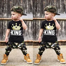 Новинка года, комплекты одежды для маленьких мальчиков с камуфляжной лентой и короной Футболка с принтом «король» топ и камуфляжные штаны Спортивная детская одежда из 2 предметов
