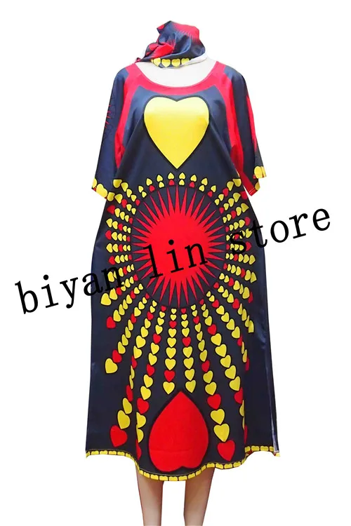 

New fashion African Print Elastic Bazin Rock Style Dashiki middle dresses with scarf summer dresses 5colors Dress length :122cm
