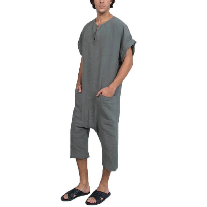 Ethnic Islamic Rompers Mens Jumpers Fashion Jumpsuits V Neck Muslim Islamic Kaftan Overalls Working Pockets Trouser Coveralls