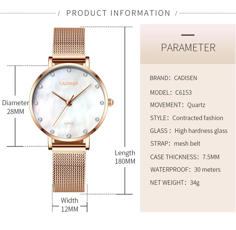 Новинка CADISEN женские часы брендовые роскошные часы женские модные золотые женские часы женские наручные часы Часы relogio feminino