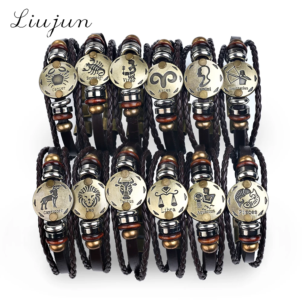 

12 Zodiac bracelet Men 2019 vintage bronze Handmade Braid multilayer Genuine Leather Women Wrap Charm Bracelets Bangles Jewelry