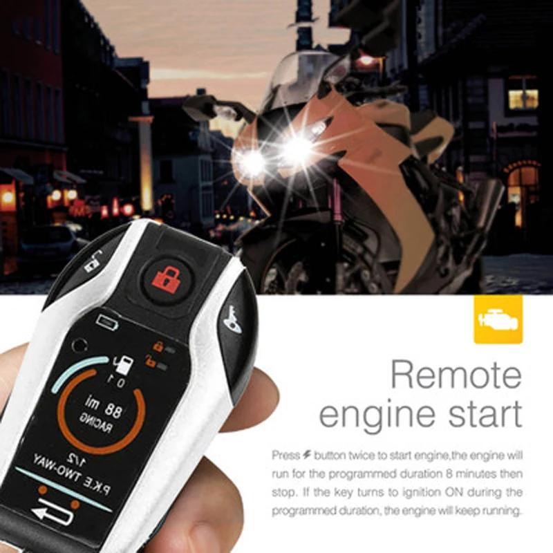 

2 Two Way Motorcycle Alarm System Scooter Anti-theft Burglary Alarm Remote Engine Start Stop Remote Locating Emgerency Disarm