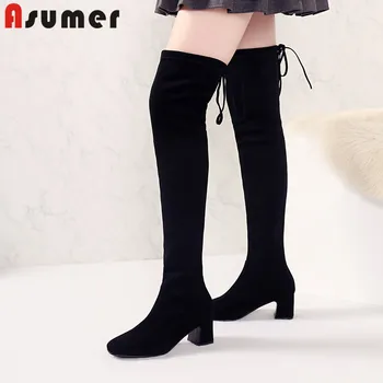 

ASUMER 2020 autumn winter new over the knee boots women square toe cross tied high heels shoes elegant Elastic thigh high boots