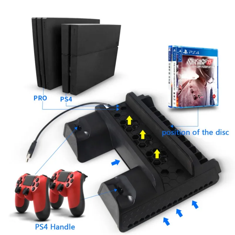 

Multi-Function Cooling Base Vertical Stand for PS4 Slim/for PS4/for PS4 PRO with Cooling Fan Controller Charging Station USB