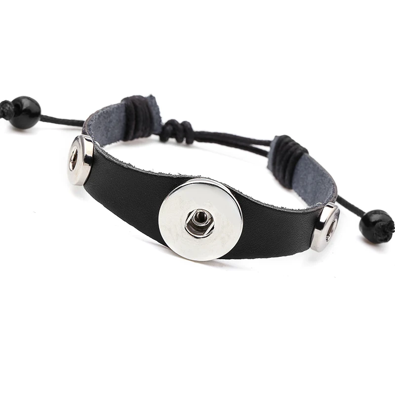 Snap Bracelets Black Leather Adjustable Cuff Bracelets Three Snap