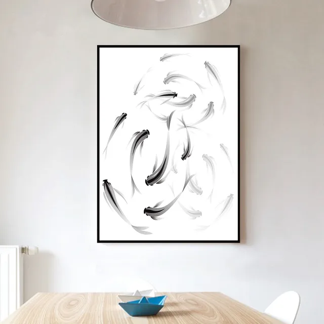 Chinese Style Black White Fishes Canvas Poster